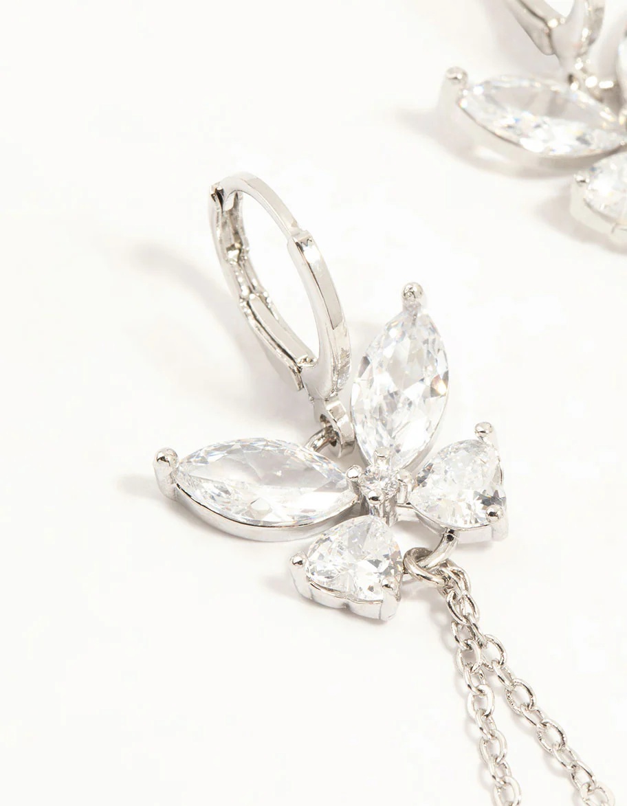 Silver Plated Cubic Zirconia, Pearl & Butterfly Huggie Earrings - Image 4