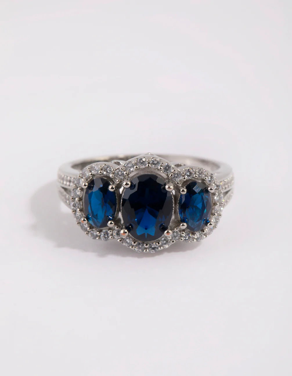 Rhodium Sapphire Cubic Zirconia Triple Stone Ring - Image 2