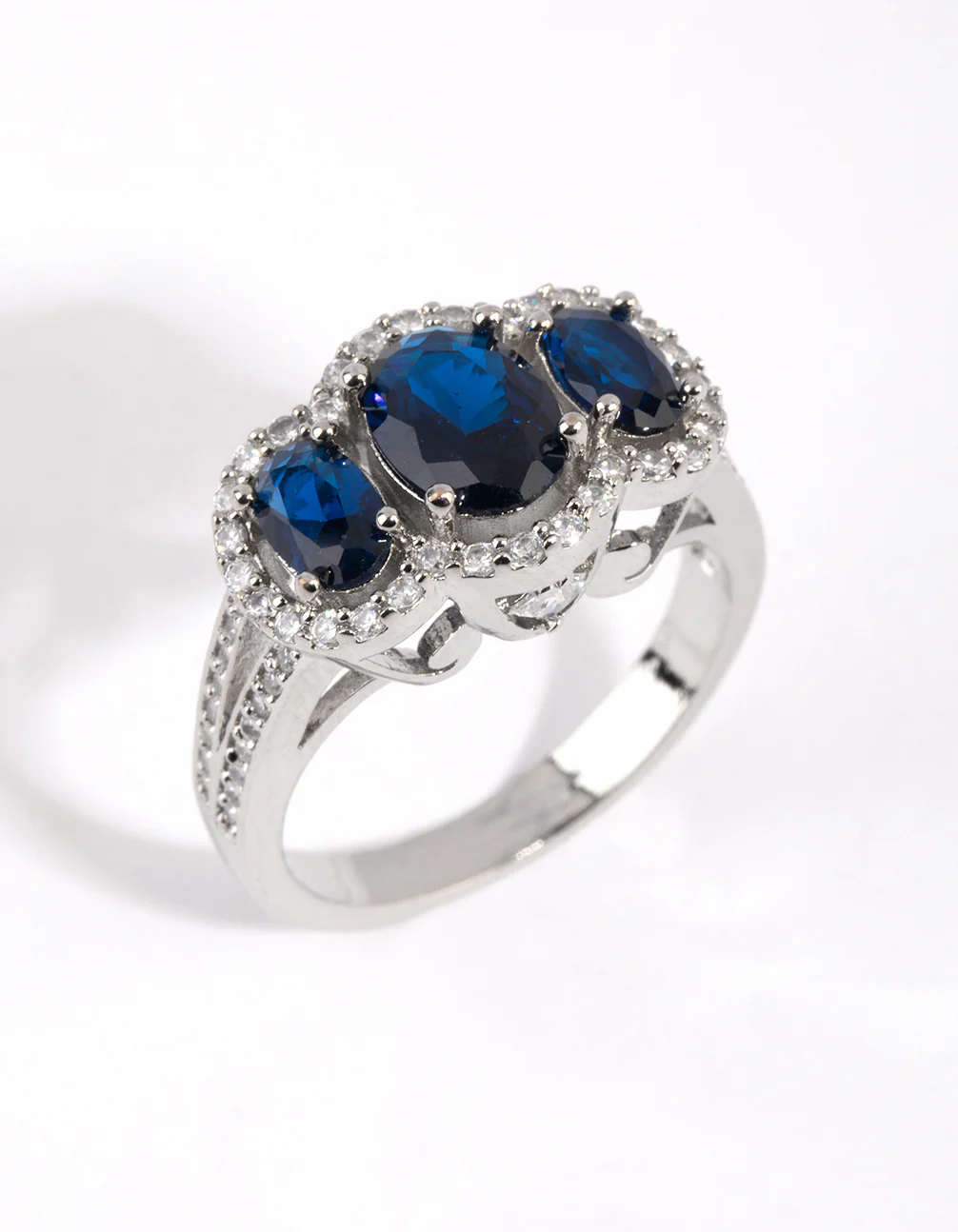 Rhodium Sapphire Cubic Zirconia Triple Stone Ring - Image 3