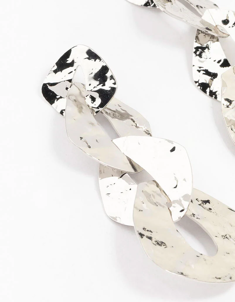 Silver Textured Chain Link Drop Earrings - Image 2