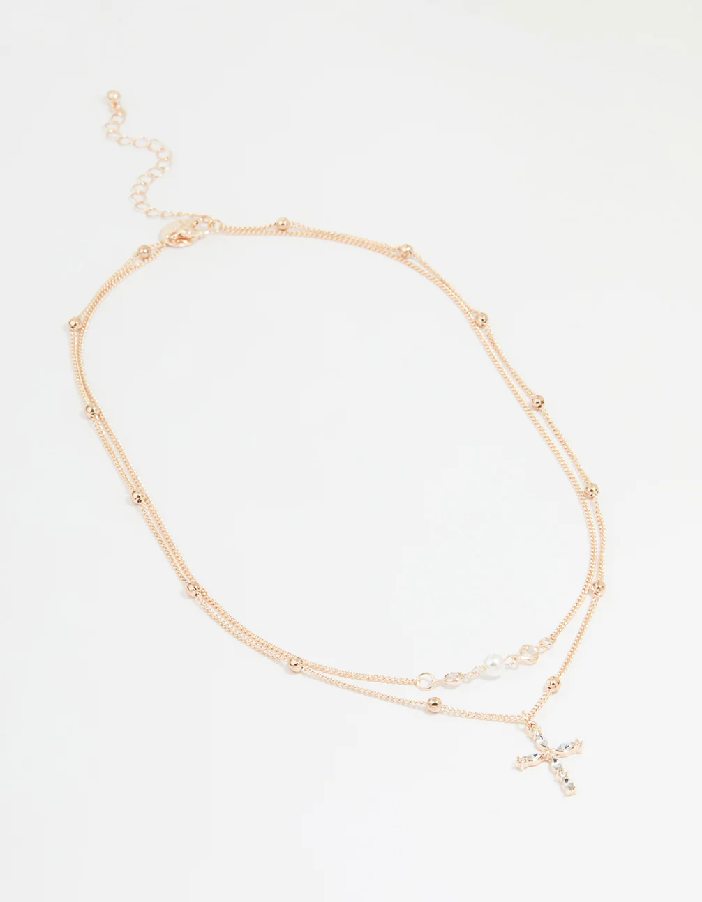 Rose Gold Beaded Diamante Cross Layered Necklace - Image 2