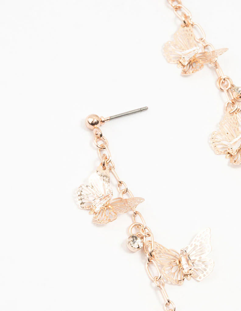 Rose Gold Butterfly Diamante Drop Earrings - Image 2