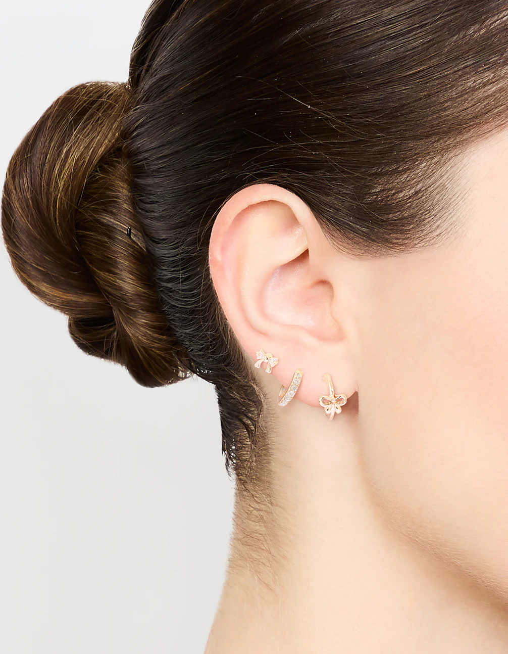 Rose Gold Cubic Zirconia Bow Stud & Hoop Earrings 3-Pack - Image 2
