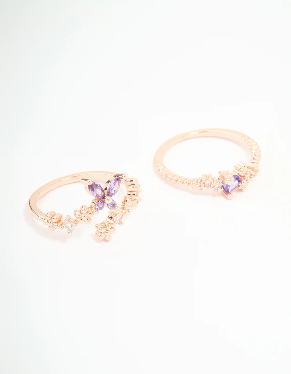 Rose Gold Cubic Zirconia Dainty Butterfly Rings 2-Pack