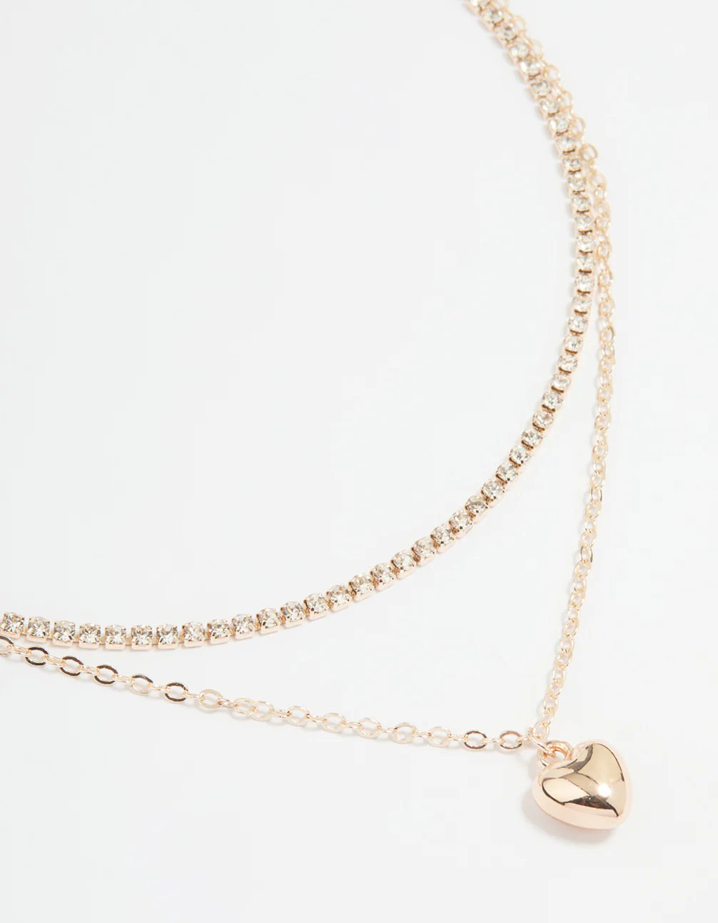 Rose Gold Diamante Cupchain & Puffy Heart Layered Necklace