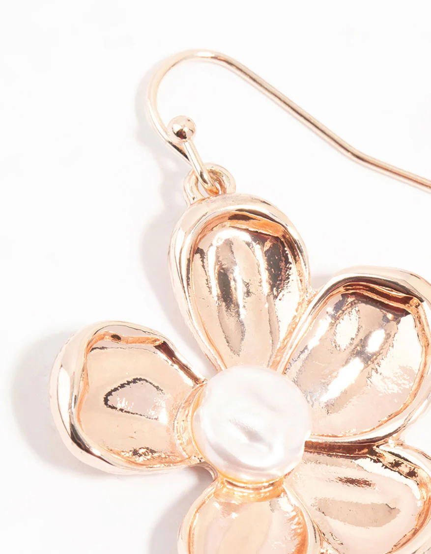Rose Gold Flower Pearl Drop Earrings - Image 2