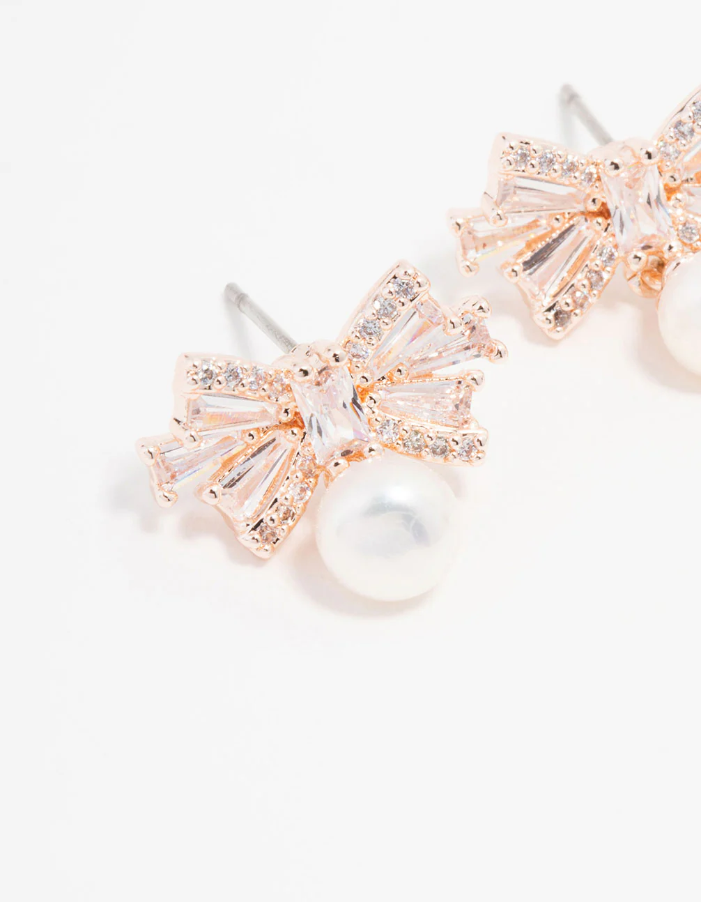 Rose Gold Plated Cubic Zirconia Baguette Bow & Pearl Drop Earrings - Image 2