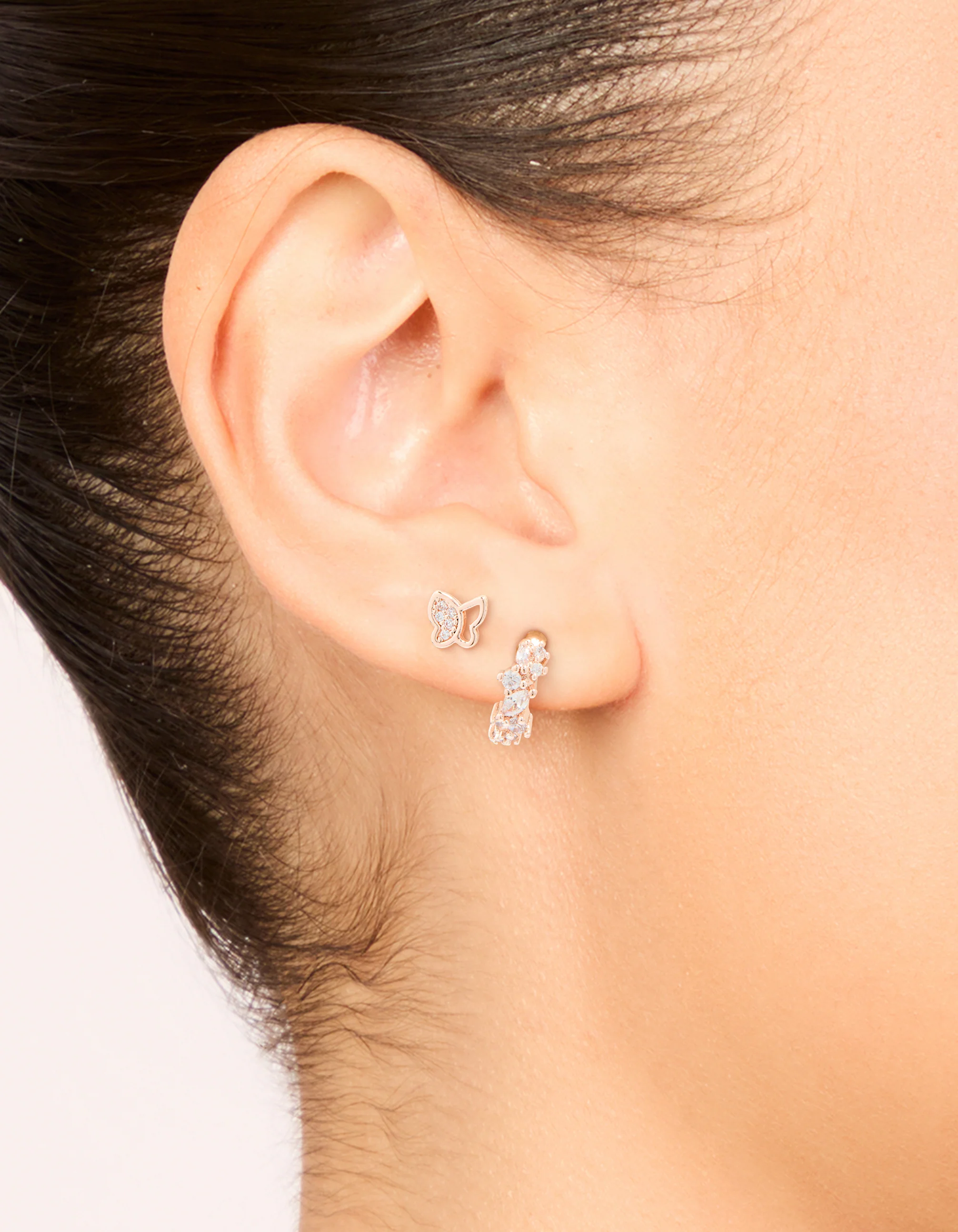 Rose Gold Plated Cubic Zirconia Butterfly Stud & Huggie Earrings 2-Pack - Image 2