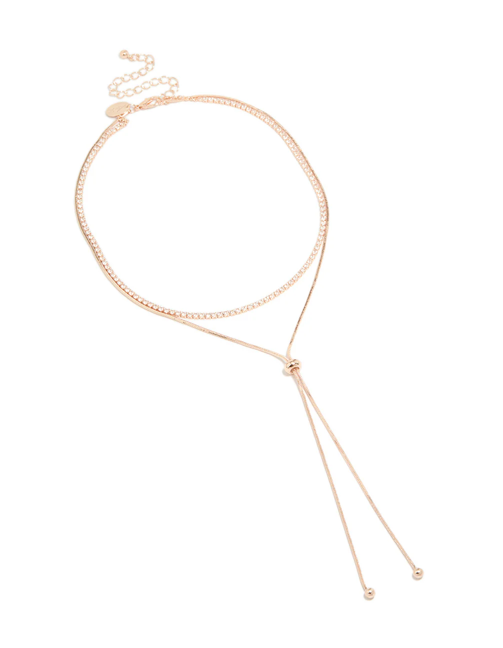 Rose Gold Plated Cubic Zirconia Cup Chain & Snake Chain Layered Y-Necklace - Image 2