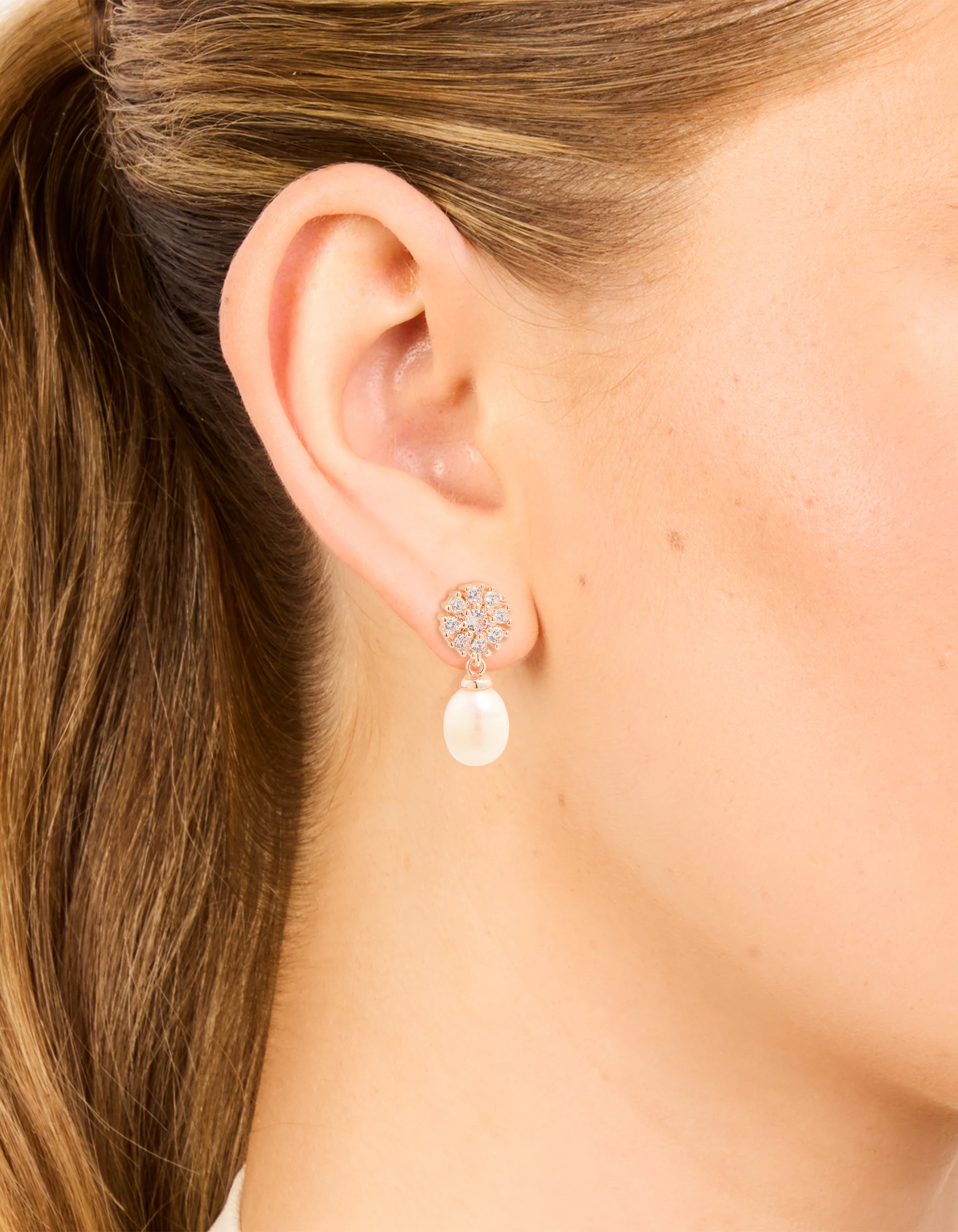 Rose Gold Plated Cubic Zirconia Flower & Pearl Drop Earrings - Image 2