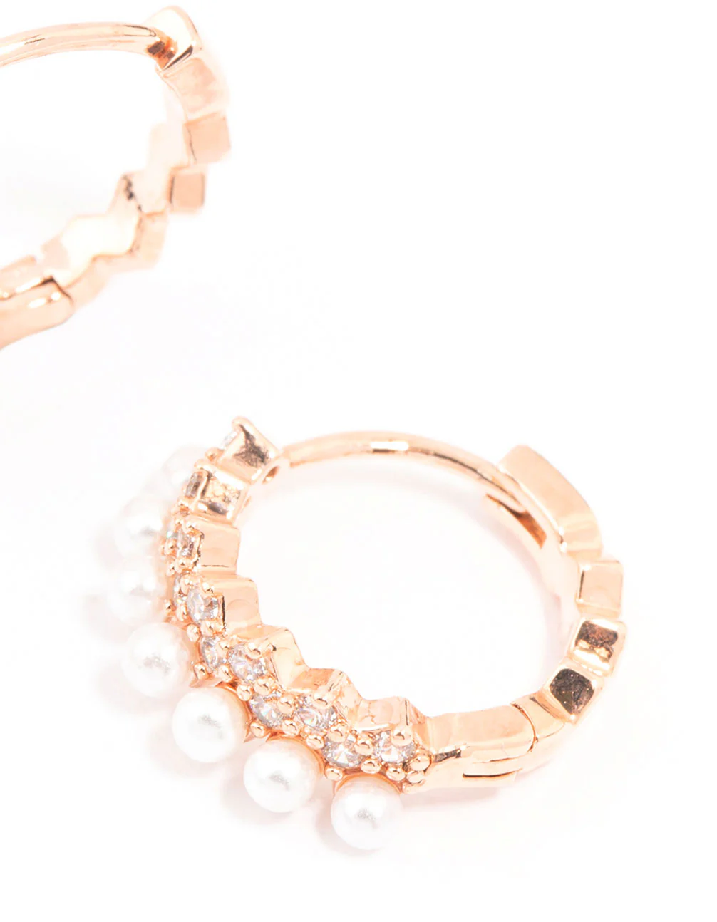 Rose Gold Plated Cubic Zirconia Pave Pearl Hoop Earrings - Image 3