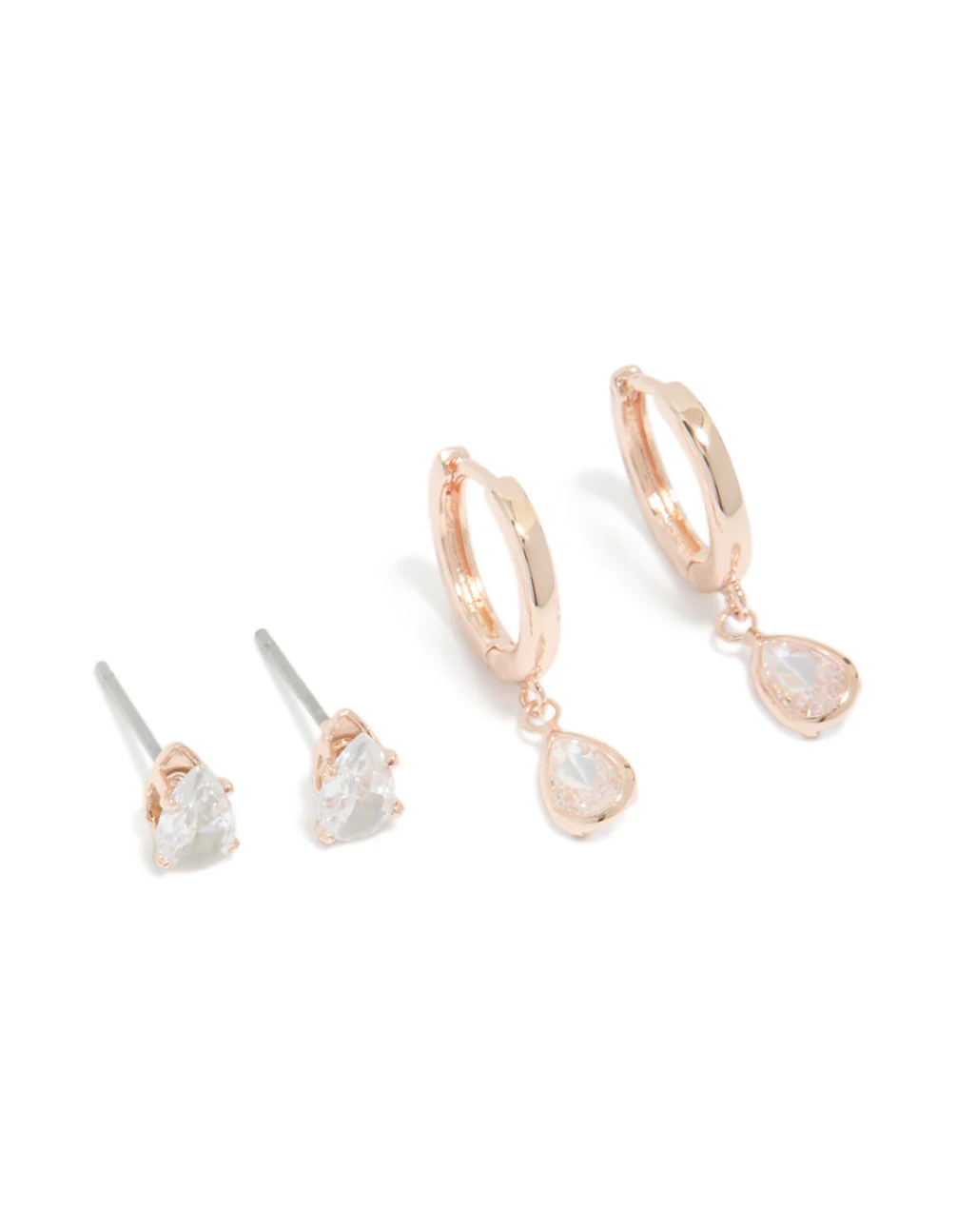 Rose Gold Plated Cubic Zirconia Teardrop Stud & Huggie Earrings 2-Pack