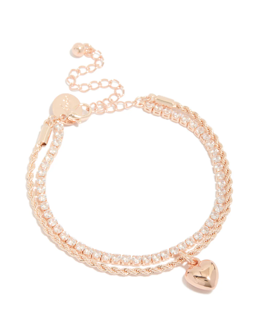 Rose Gold Plated Cubic Zirconia Tennis & Heart Layered Bracelet