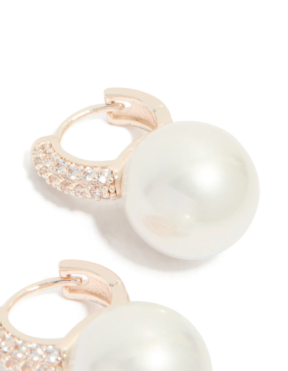 Rose Gold Plated Large Pearl & Cubic Zirconia Huggie Earrings - Image 5