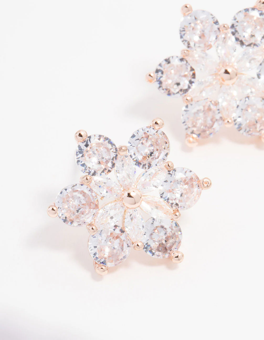 Rose Gold Plated Large Round Cubic Zirconia Marquise Flower Earrings - Image 2