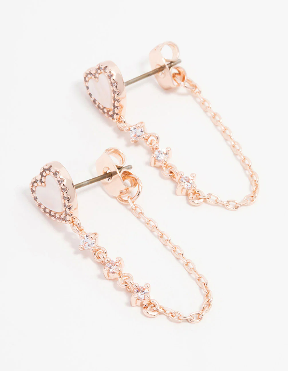 Rose Gold Plated Mother Of Pearl Heart Chain Jacket Earrings