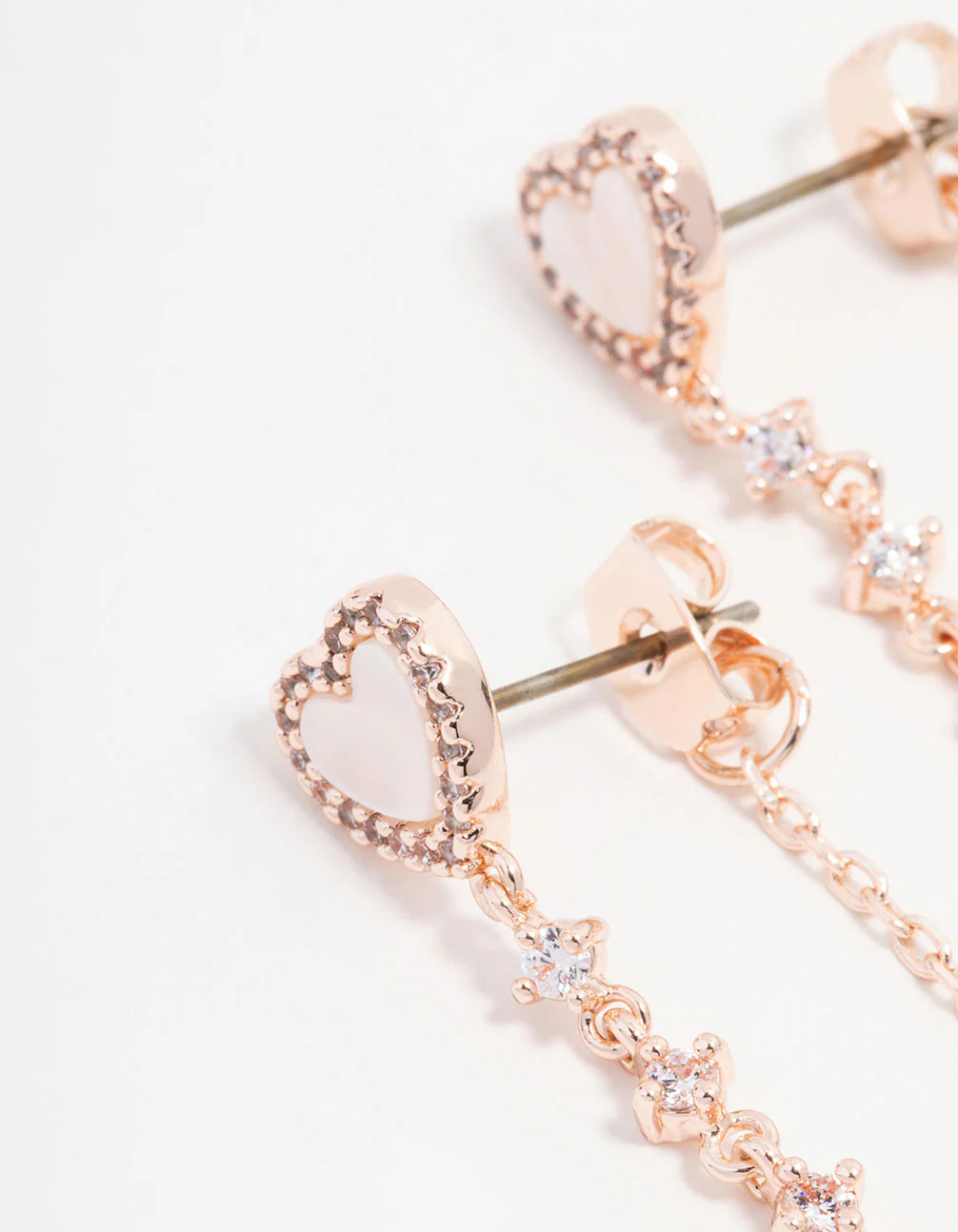 Rose Gold Plated Mother Of Pearl Heart Chain Jacket Earrings - Image 2