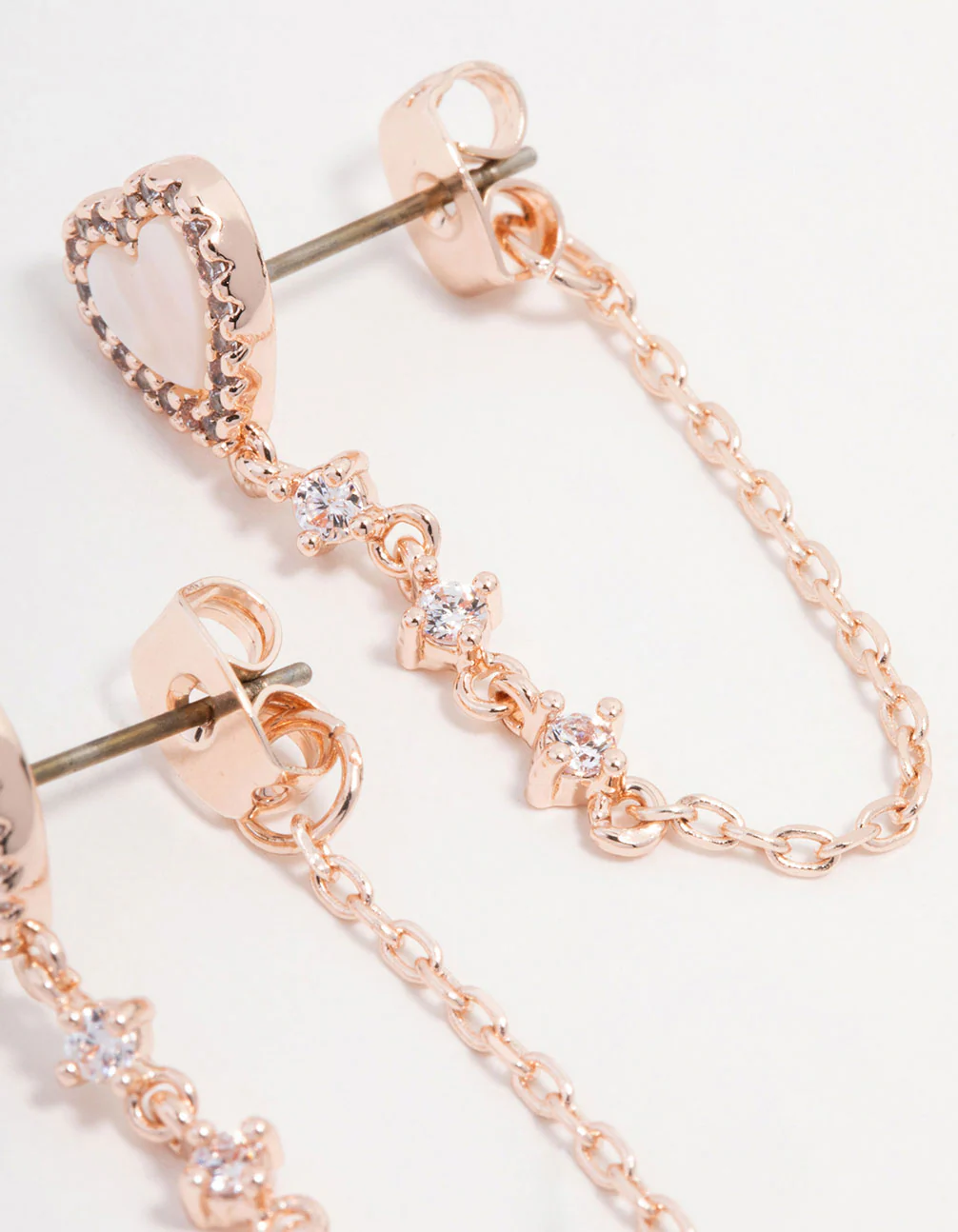 Rose Gold Plated Mother Of Pearl Heart Chain Jacket Earrings - Image 3