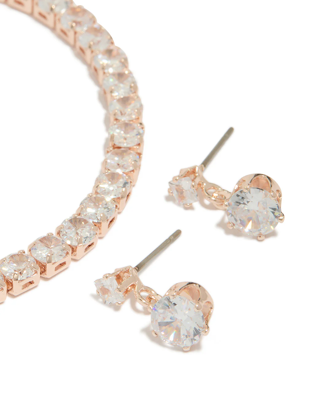 Rose Gold Plated Round Cubic Zirconia Drop Earrings & Tennis Bracelet Set - Image 2