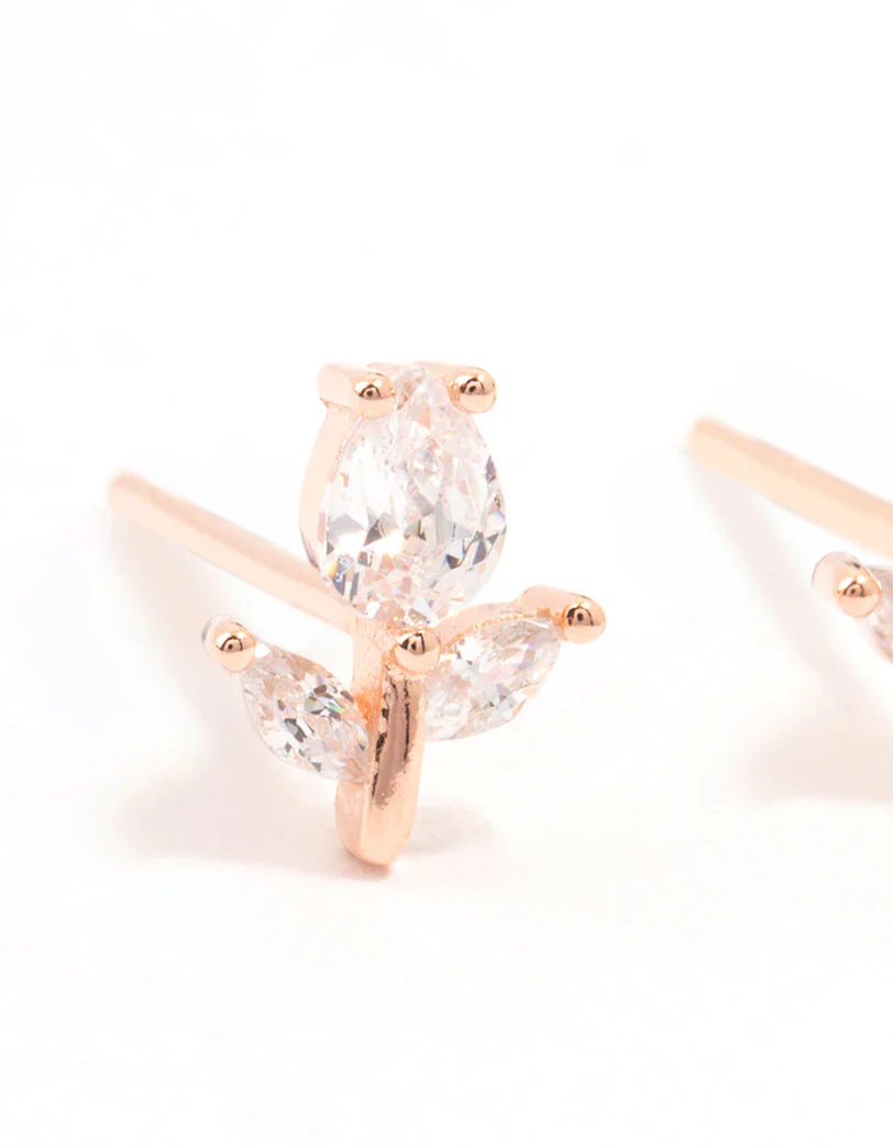 Rose Gold Plated Sterling Silver Cubic Zirconia Flower Stem Stud Earrings - Image 2
