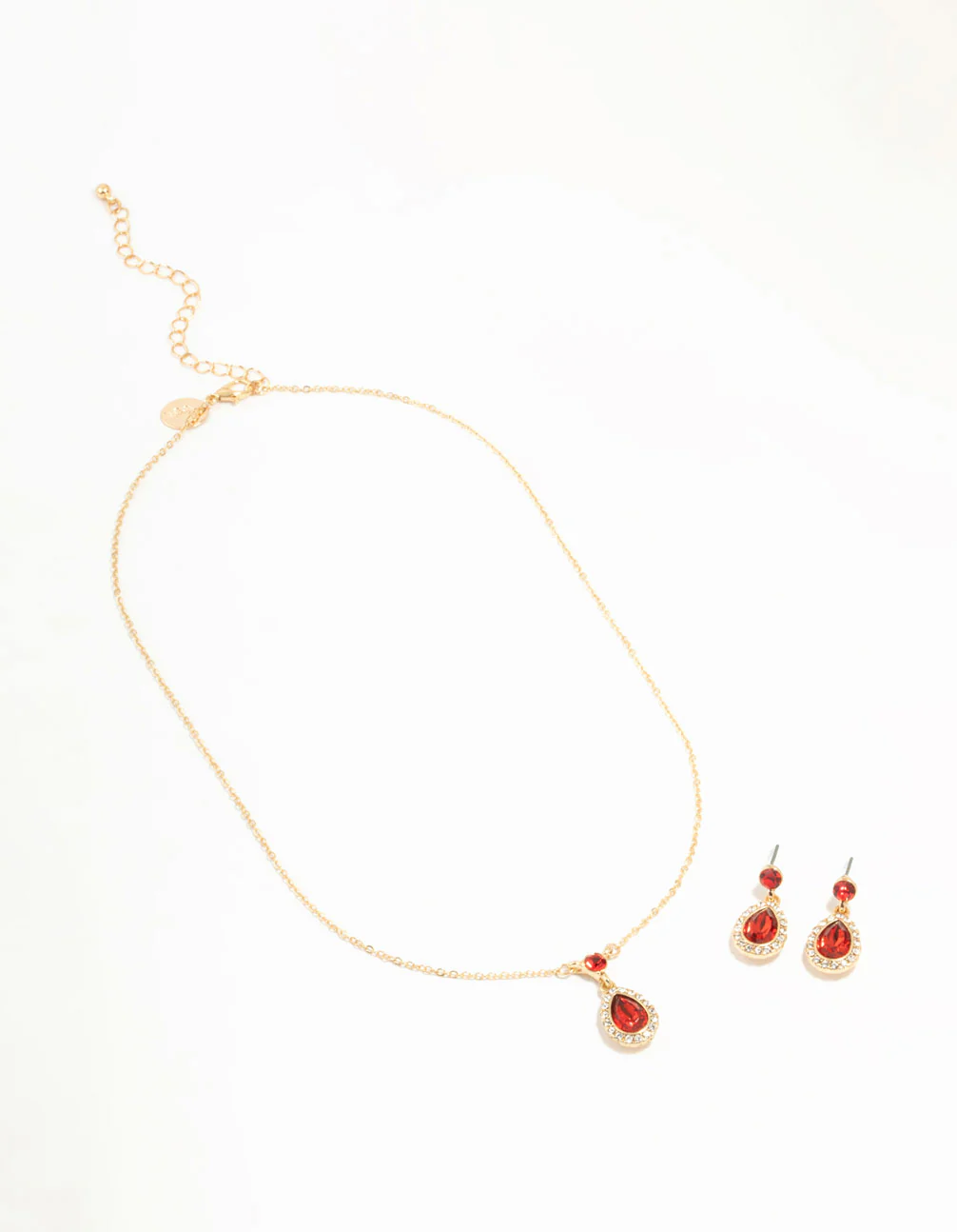 Round & Pear Red Diamante Halo Necklace & Drop Earrings Set - Image 2