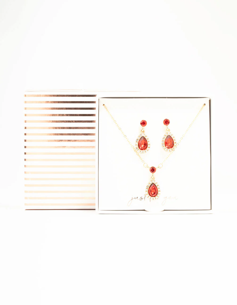 Round & Pear Red Diamante Halo Necklace & Drop Earrings Set - Image 3