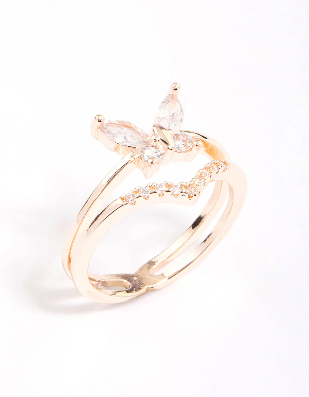 Rose Gold Plated Cubic Zirconia Butterfly Double Band Ring - Image 2