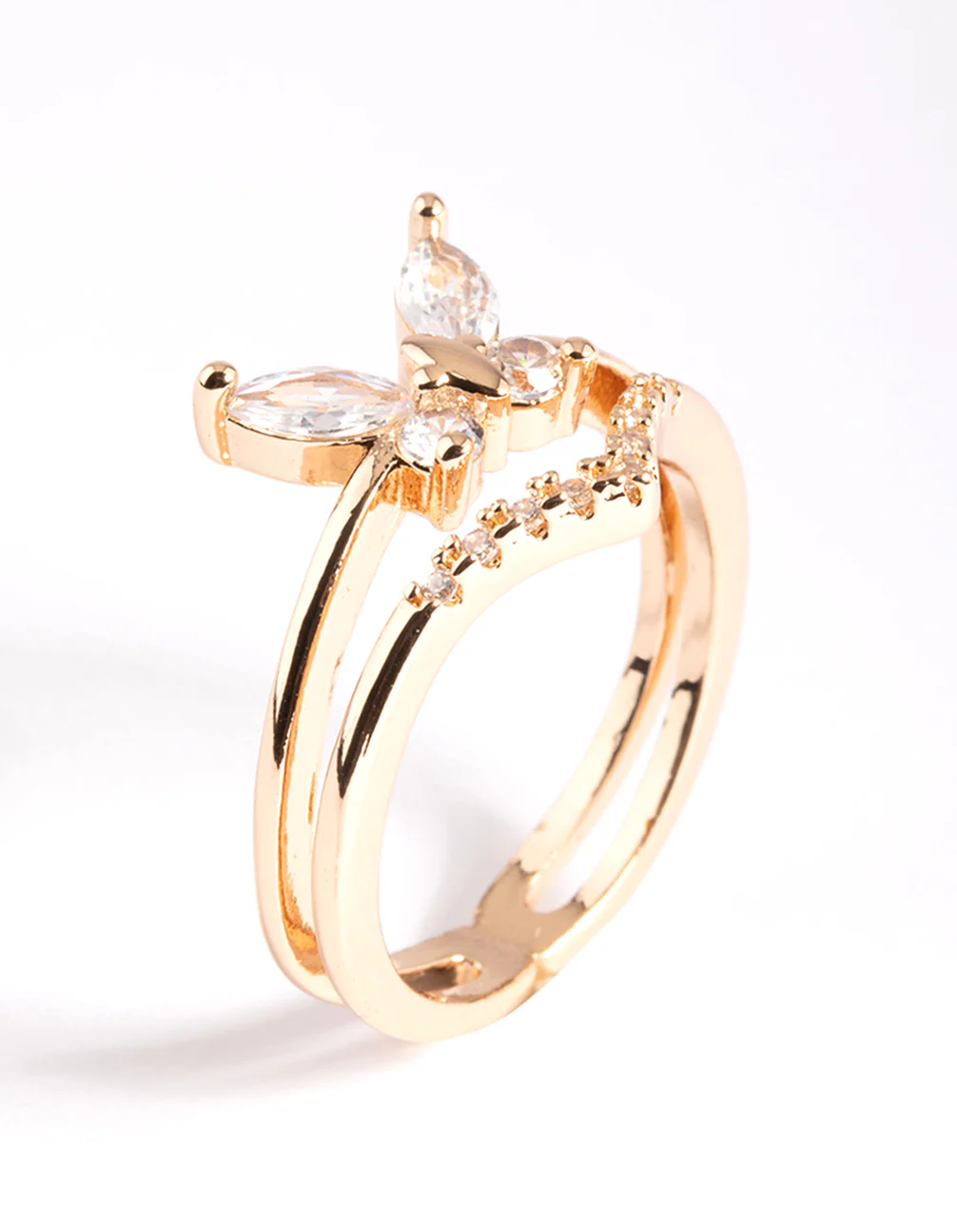 Gold Cubic Zirconia Butterfly Double Band Ring - Image 3