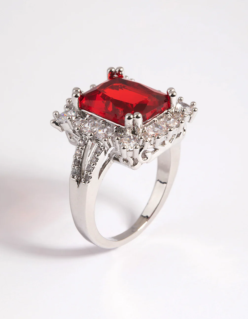 Silver Cubic Zirconia Red Asscher Ring - Image 4