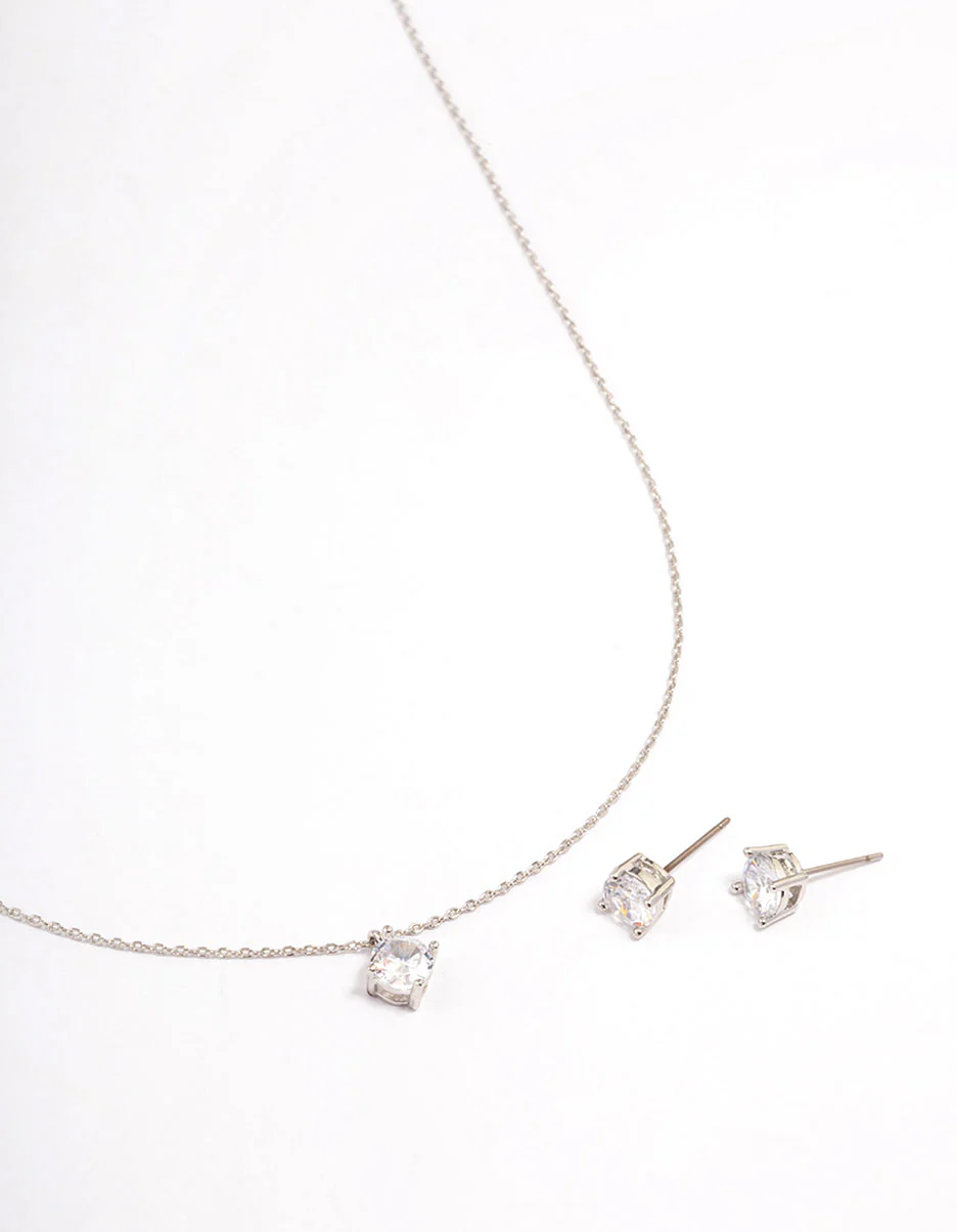 Silver Cubic Zirconia Round Earring & Necklace Set