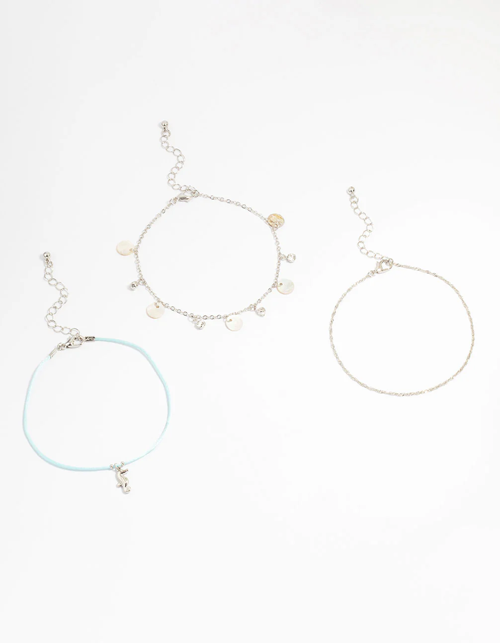 Silver Genuine Shell Seahorse Anklets 3-Pack