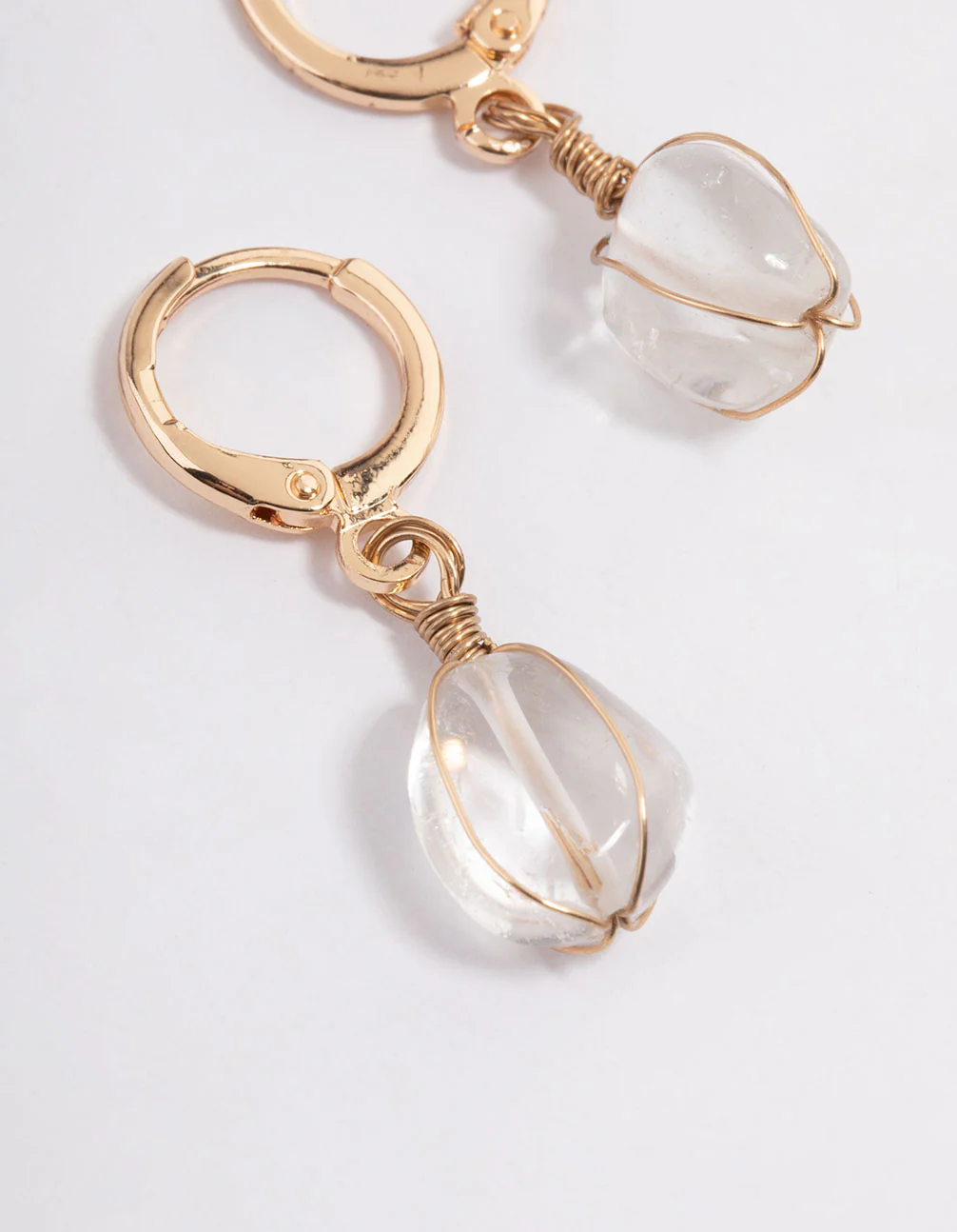 Gold Clear Quartz Wire Wrap Huggie Earrings - Image 2