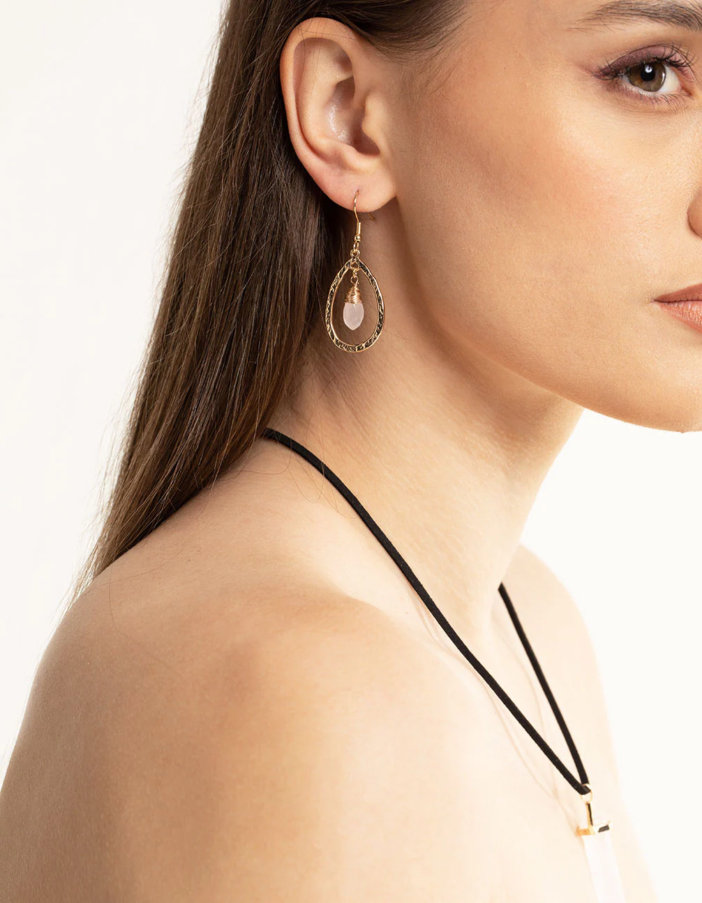 Gold Rose Quartz Small Double Teardrop Earrings - Image 2