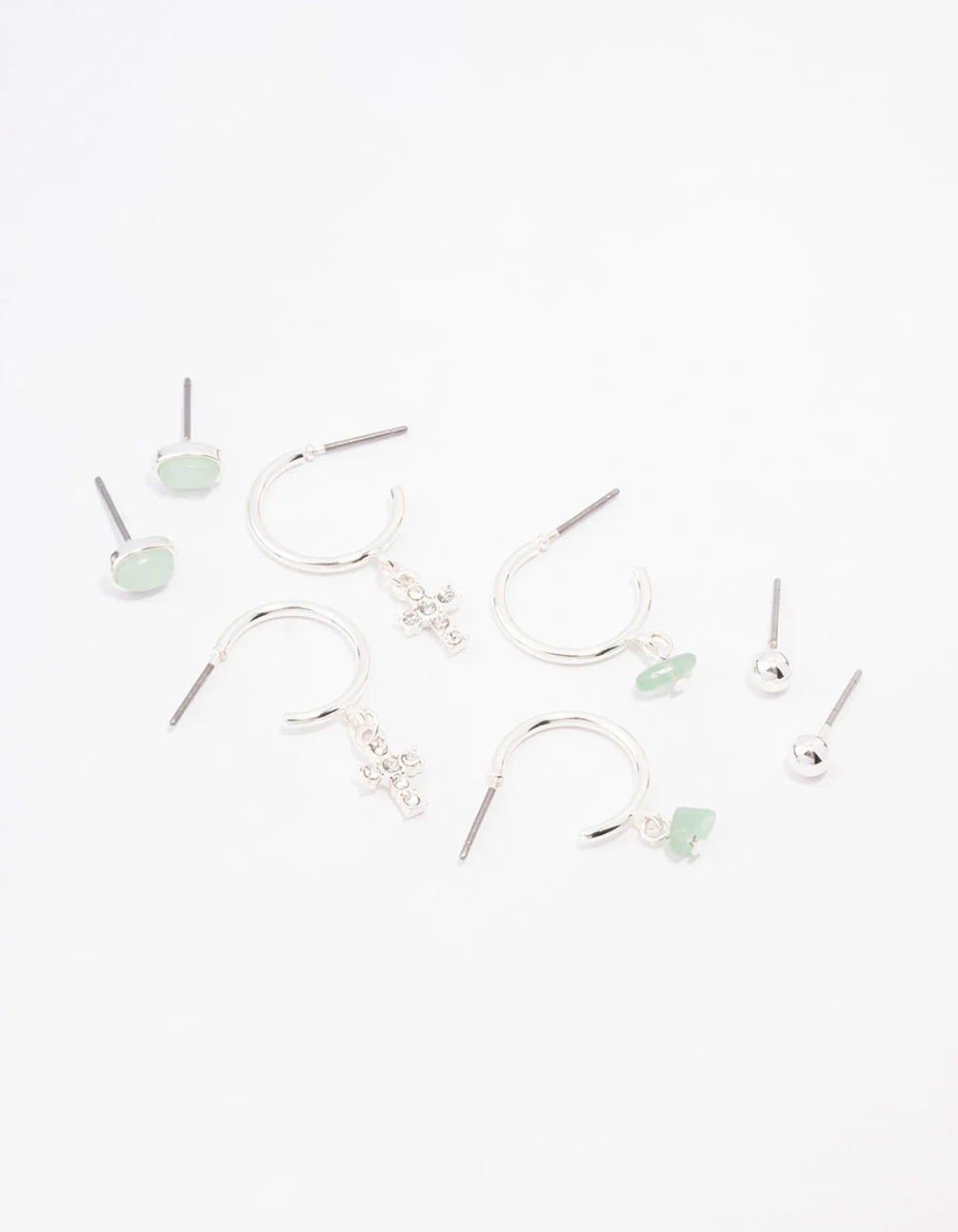 Silver Green Fluroite Diamante Cross Stacker Earrings