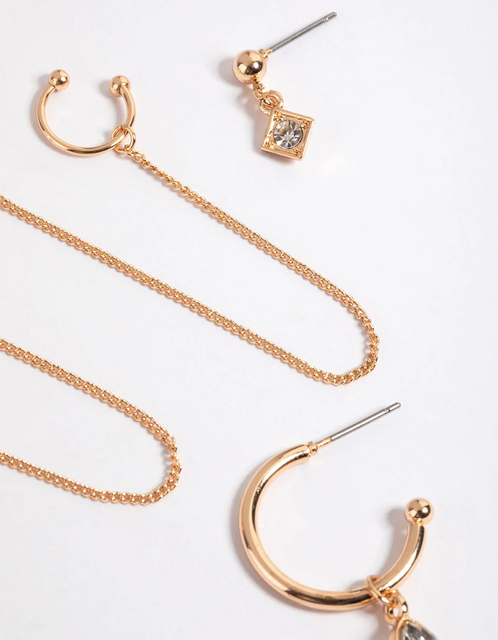 Gold Diamante & Chain Hoop Stack Earrings - Image 2