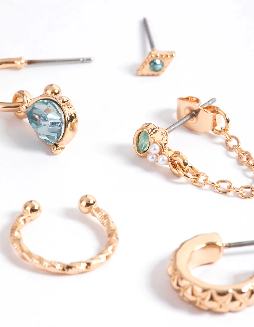 Gold Pretty Diamante & Textured Stack Earrings - Image 3