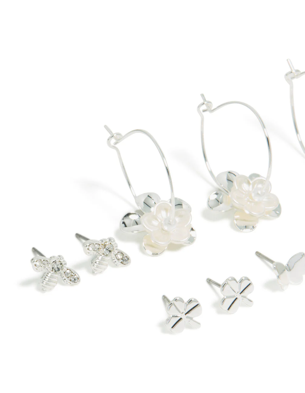 Silver Bee & Pearlised Flower Earrings 8-Pack - Image 2