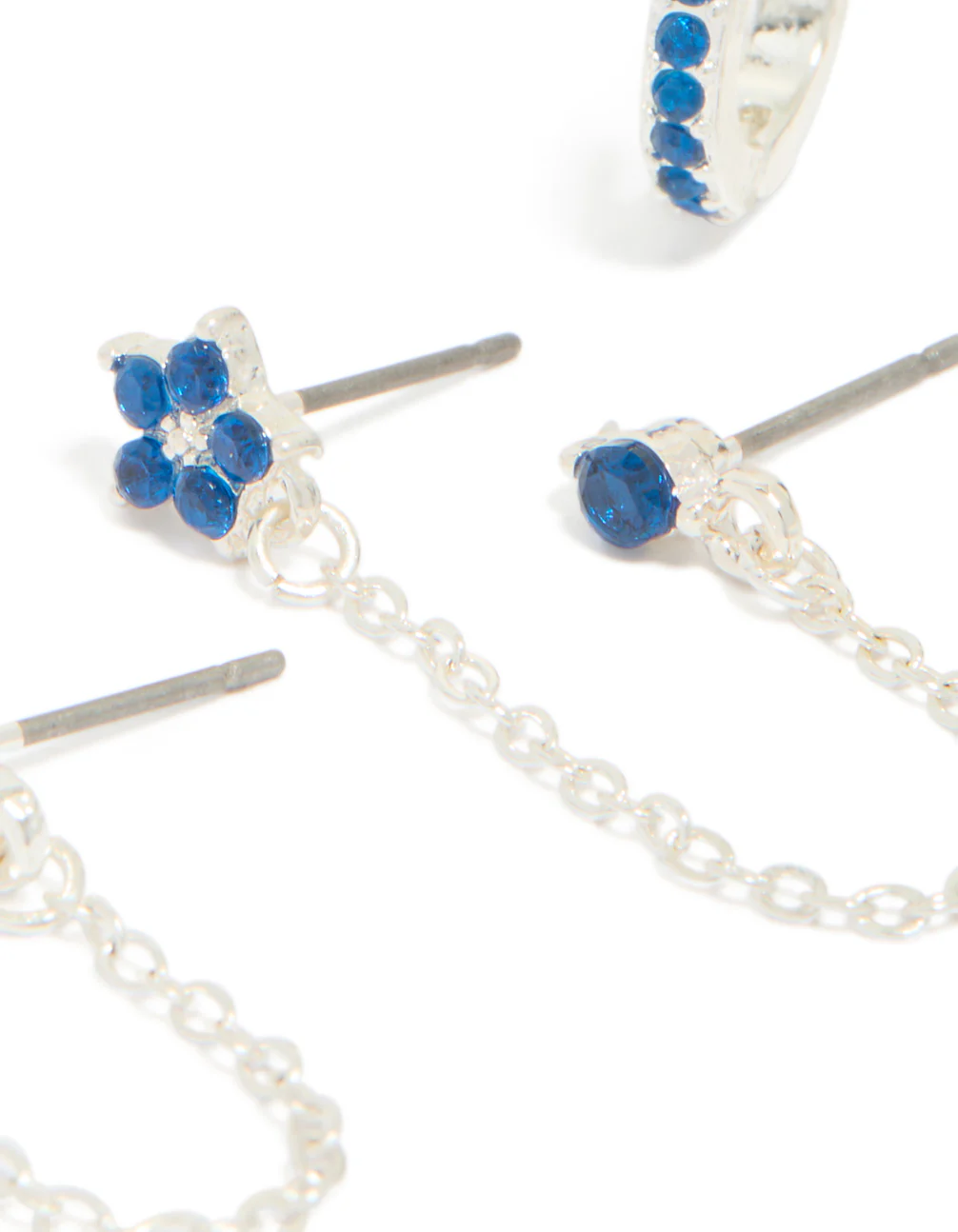 Silver Blue Cubic Zirconia Chain Flower & Huggie Earrings 3-Pack - Image 4