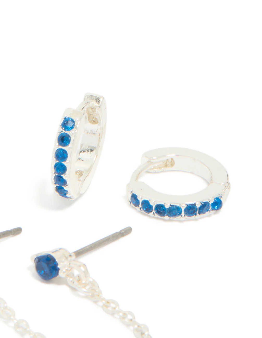 Silver Blue Cubic Zirconia Chain Flower & Huggie Earrings 3-Pack - Image 5