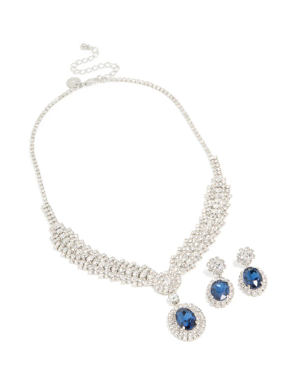 Silver Blue Diamante V-Shaped Pendant Necklace & Earrings Set - Image 2