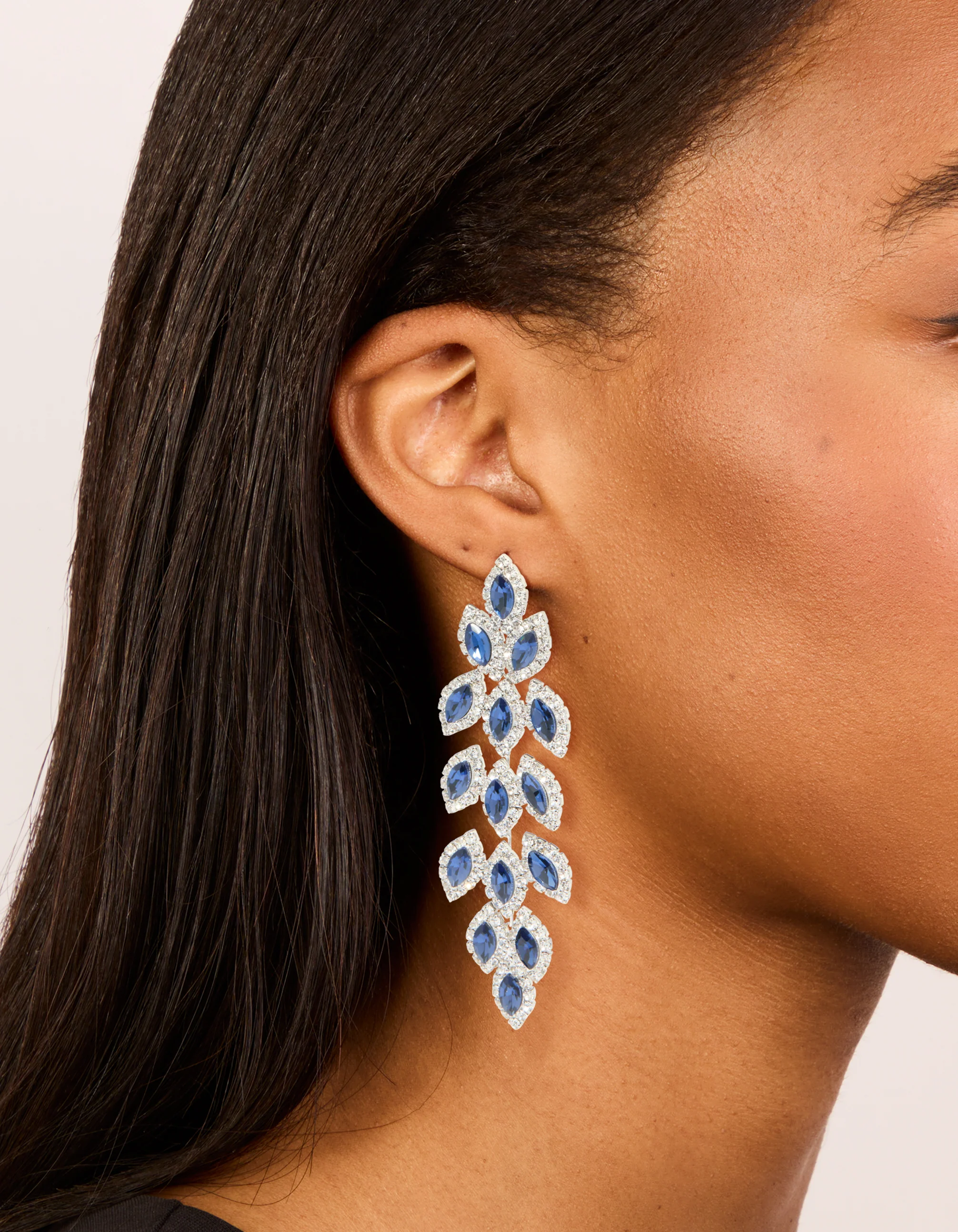 Silver Blue Diamantes Gleaming Pears Drop Earrings