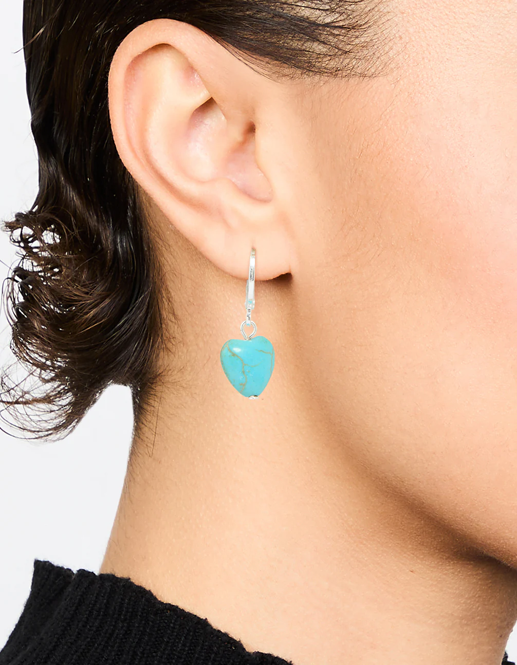Silver Blue Semi Precious Stone Heart Huggie Earrings - Image 2