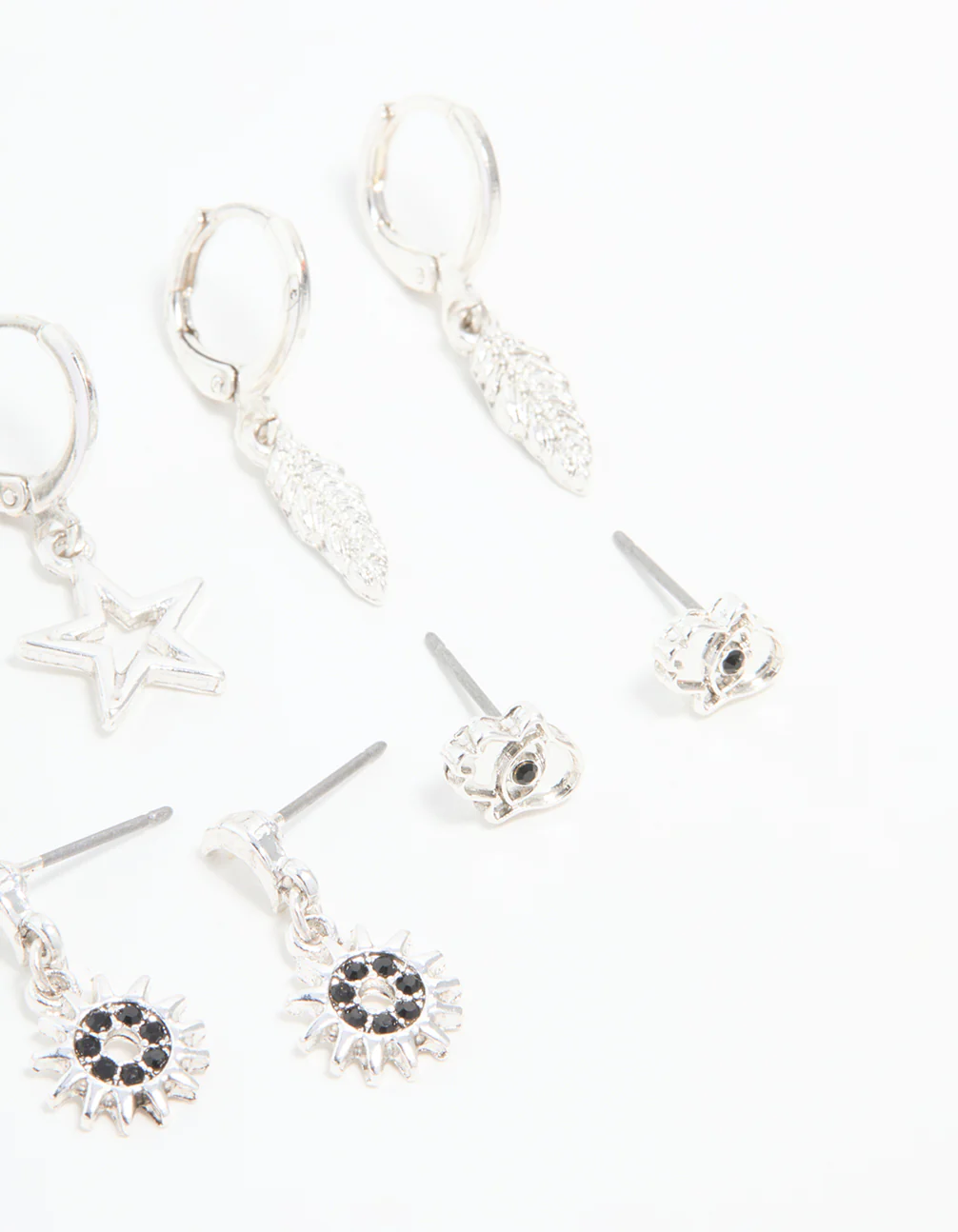 Silver Celestial & Feather Huggie Earrings 6-Pack - Image 3