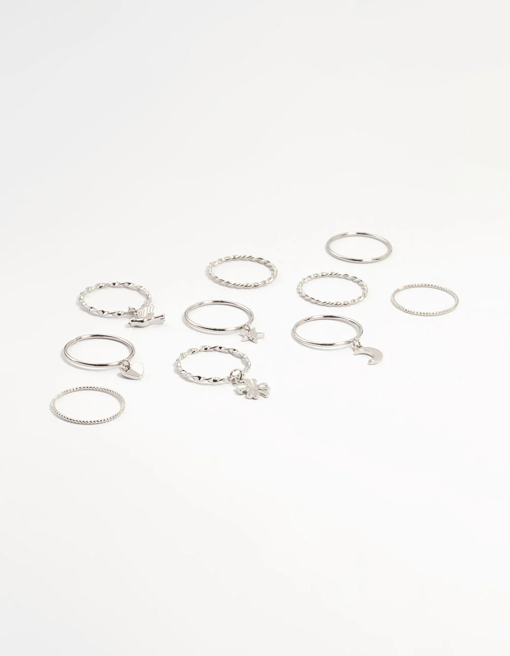 Silver Charm & Twisted Stacking Rings 10-Pack