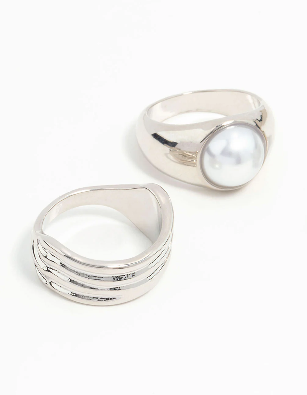 Silver Chunky Ridge & Pearl Rings 3-Pack - Image 2