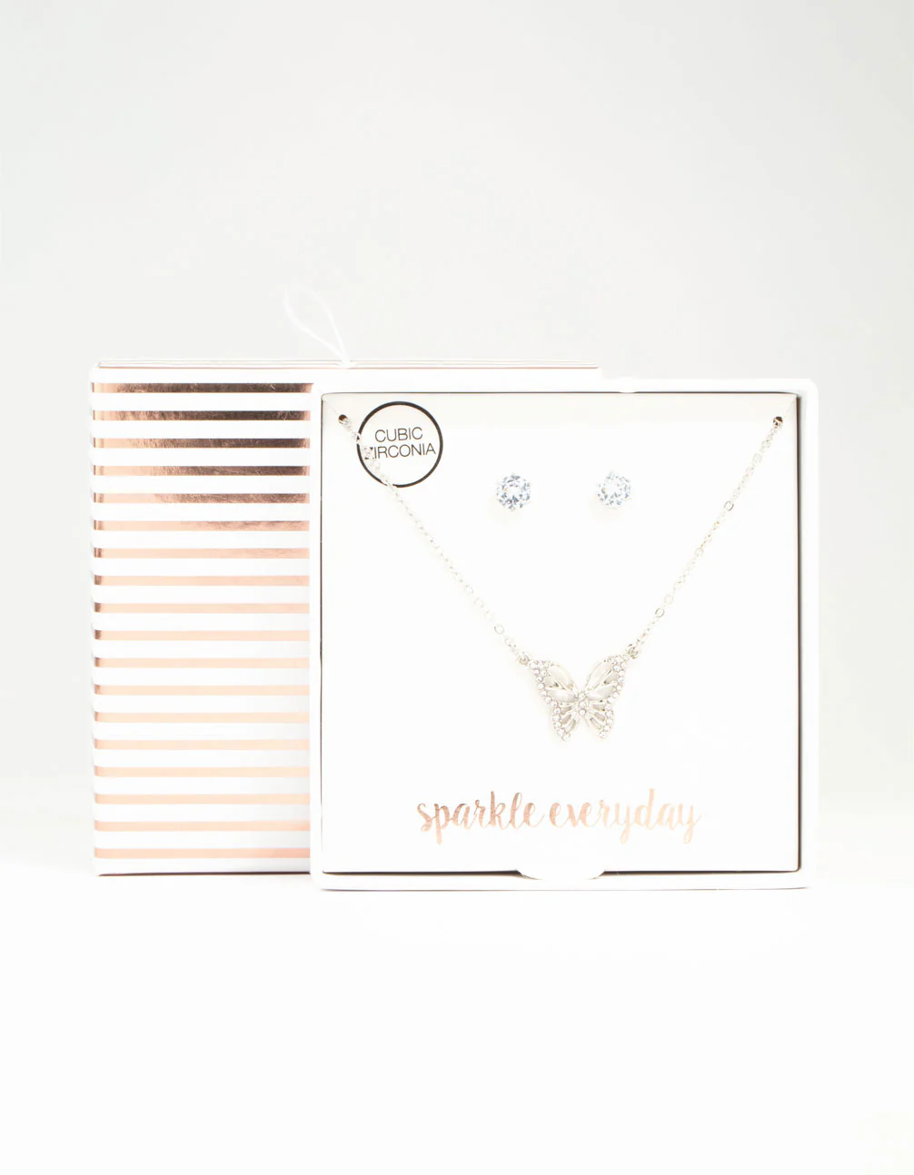Silver Cubic Zirconia Butterfly Necklace & Stud Earrings Necklace & Stud Earrings Set - Image 3