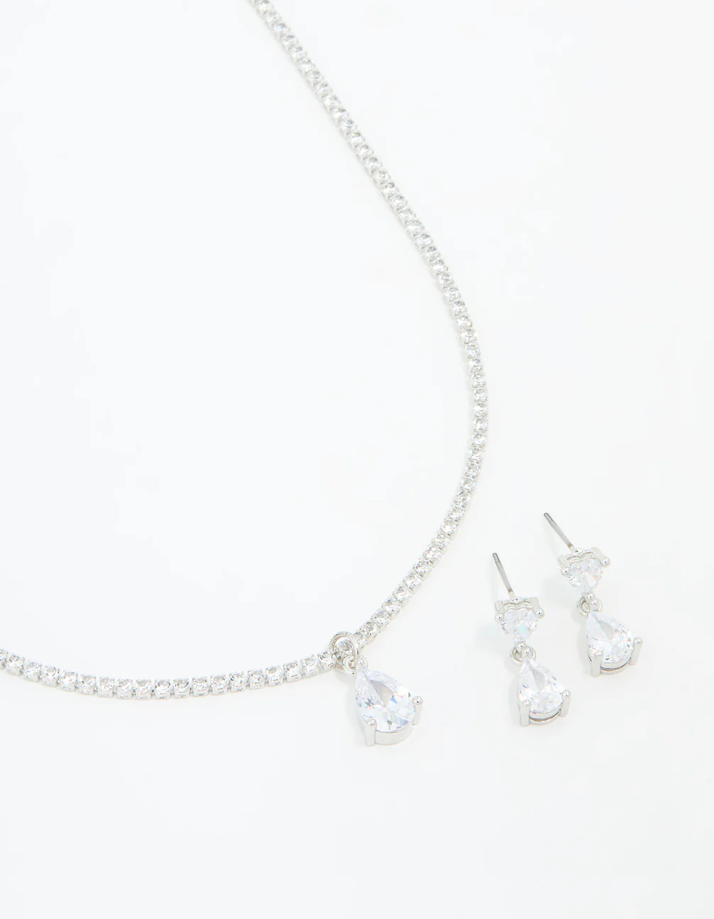 Silver Cubic Zirconia Drop Pear Necklace & Earrings Set