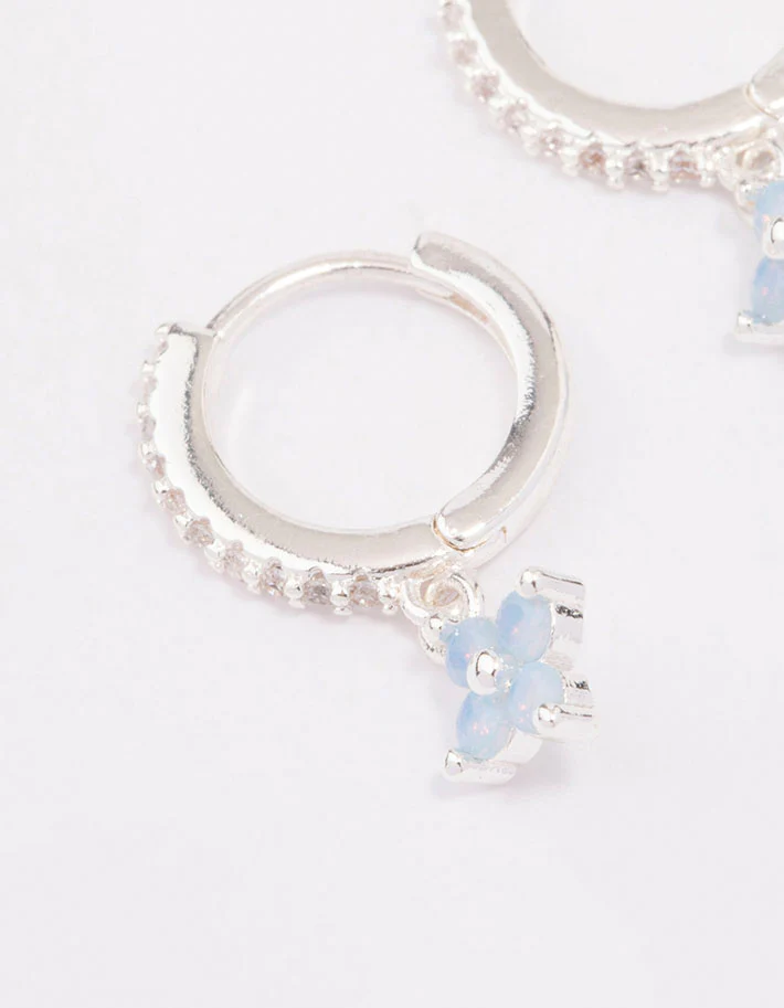 Silver Cubic Zirconia Flower Huggie Earrings - Image 2