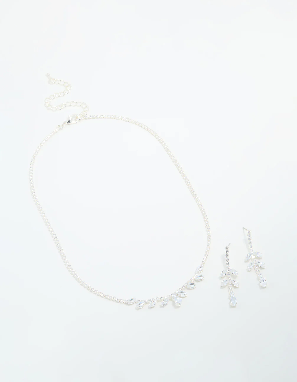 Silver Cubic Zirconia Navette Leaf Necklace & Earrings Set - Image 2