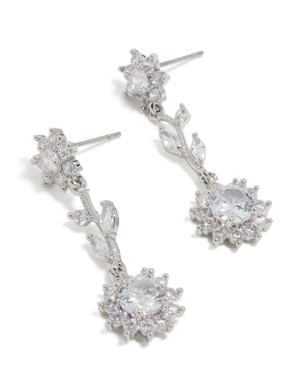 Silver Cubic Zirconia Vine Floral Drop Earrings - Image 2